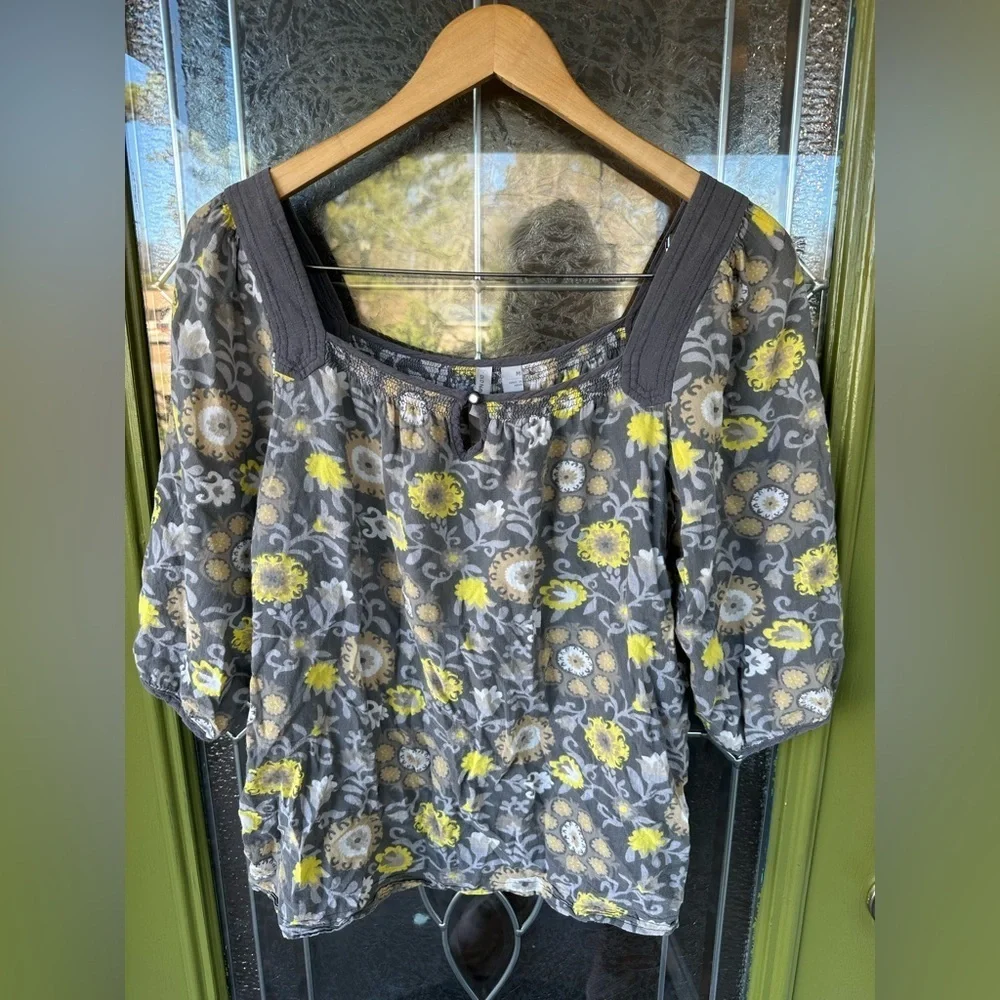 Medium Gray Boho Floral Baggy 100% Cotton Keyhole Smock Neck 3/4 Sleeve Blouse